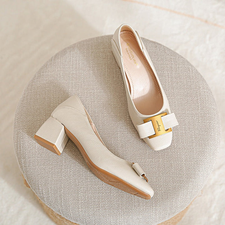 Hadeel - Pointed Toe Block Heel Shoes With Bow Buckle