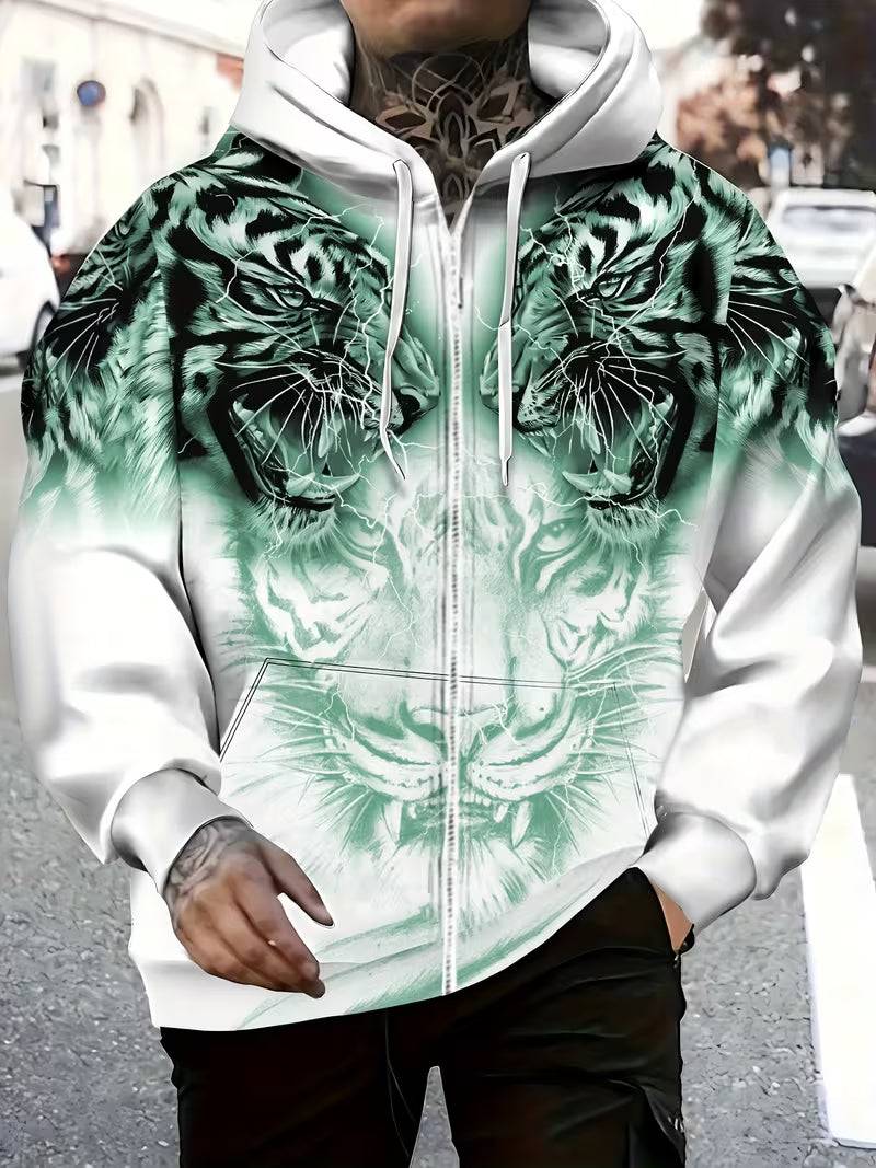 Luciano - Tiger Pattern Hooded Sweatshirt With Zipper