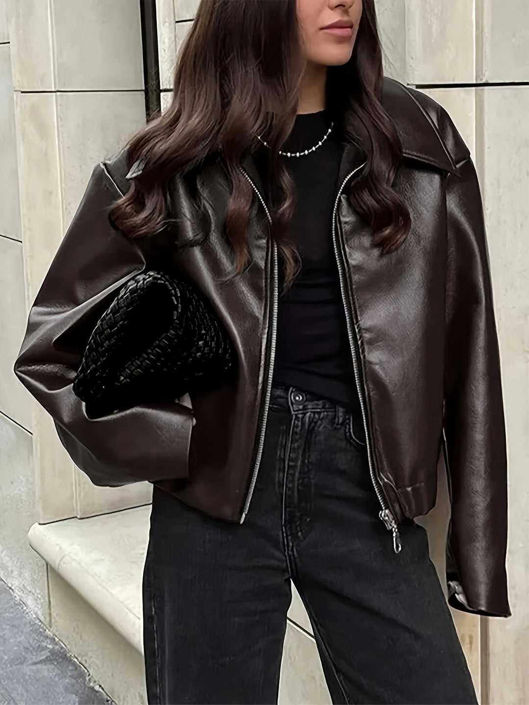 Raimetosa - PU Leather Zip-Up Jacket