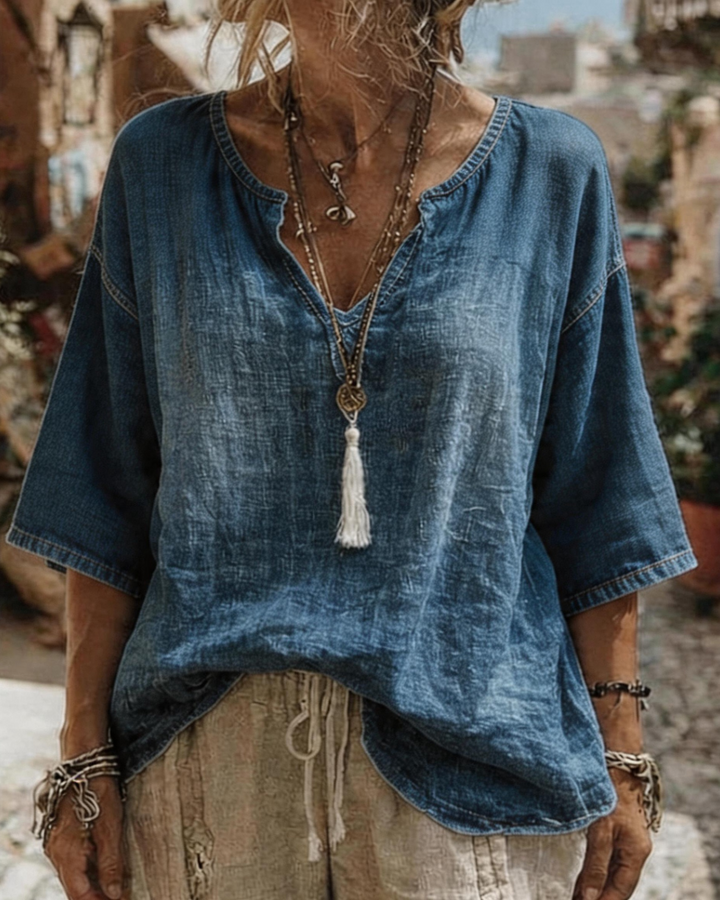 Syleena - V-Neck And Half Sleeve Denim Top