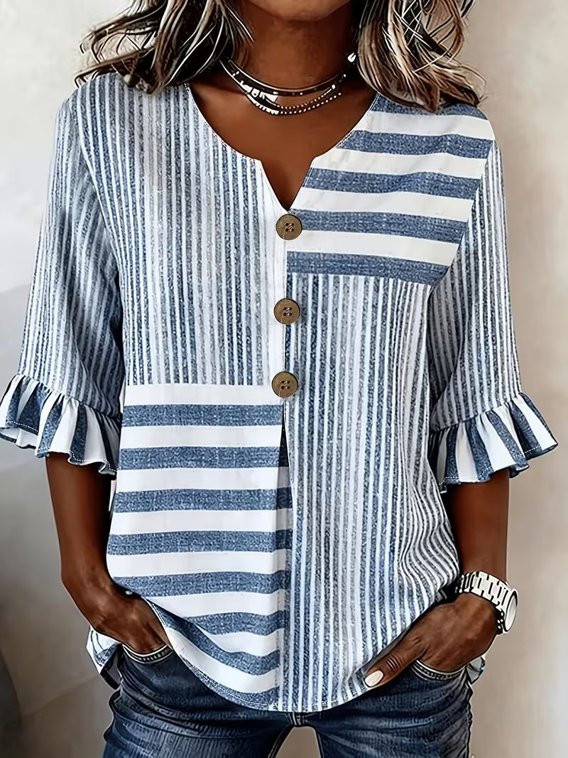 Avyra - Striped Patchwork Ruffle Sleeve Button Top