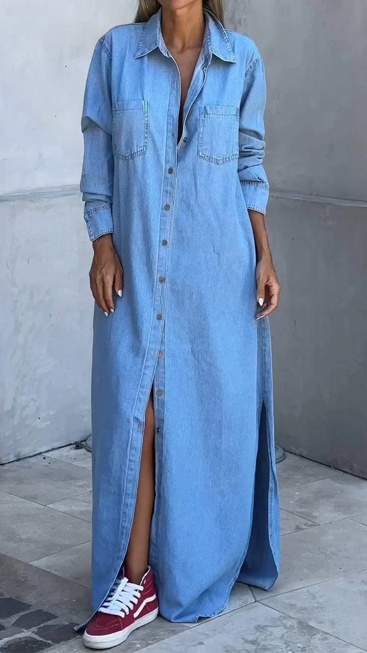 Vallina - Denim Long Sleeves Dress With Lapel