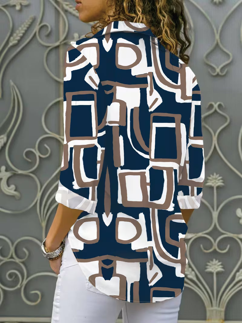 Vespia - Casual Geometric Print Chiffon Shirt