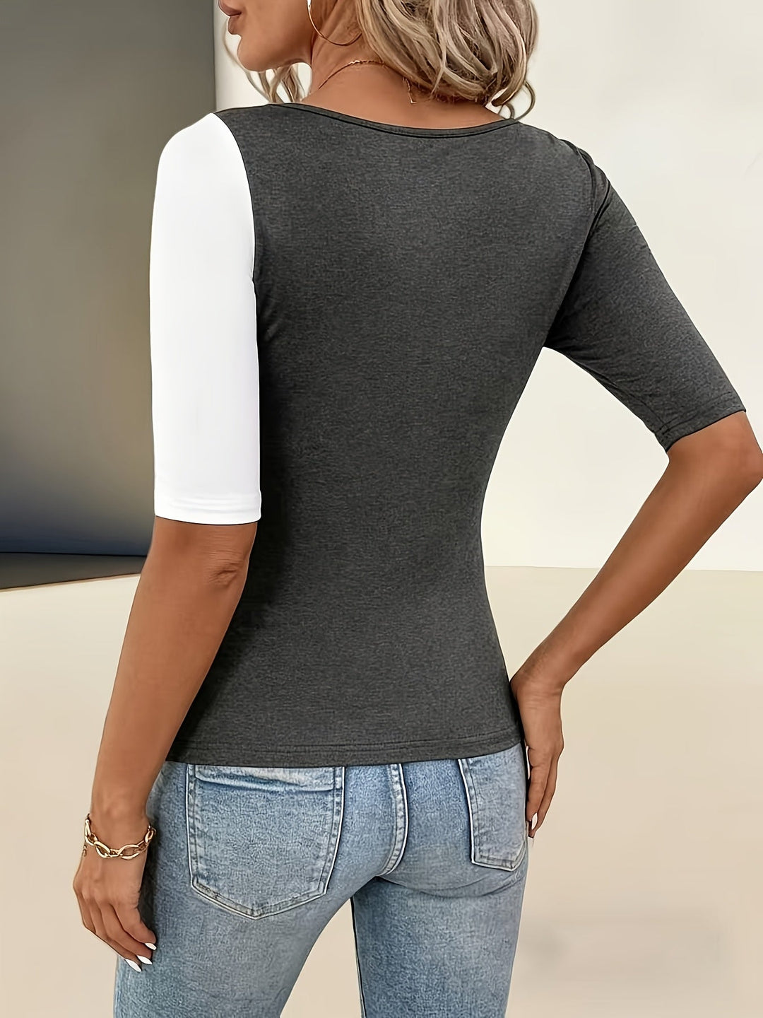 Althirida - Contrast Color Block Square Neck Top