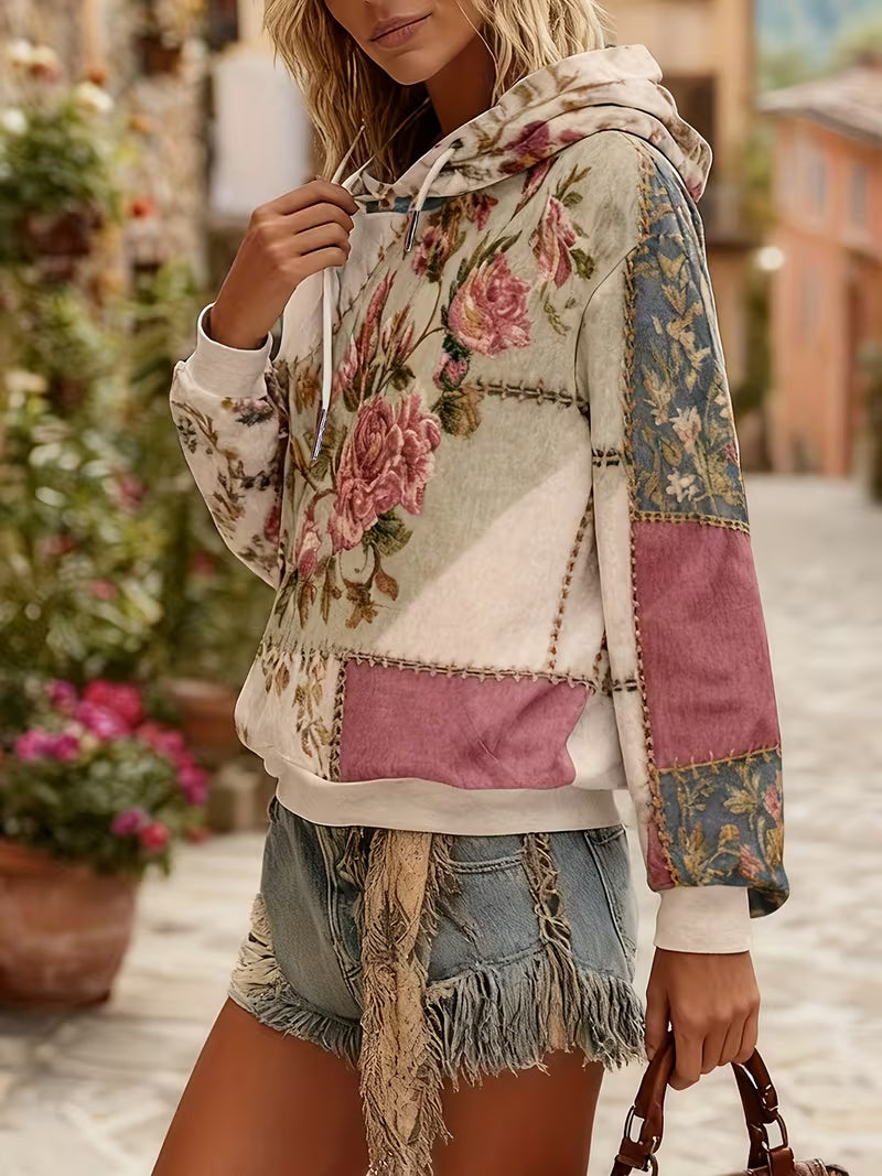 Zaneosica - Floral Patchwork Long Sleeve Hooded Top