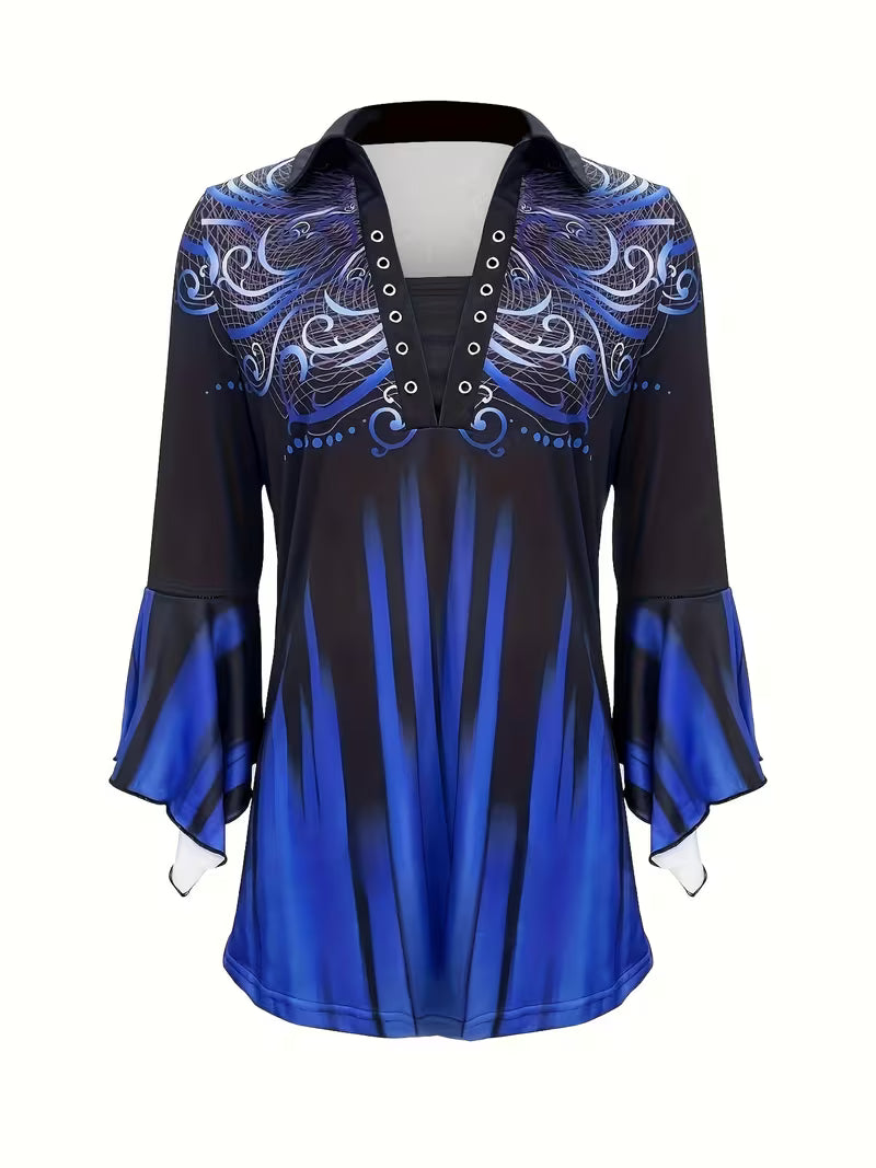 Anerisosa - Printed Lapel Top With Irregular Sleeve