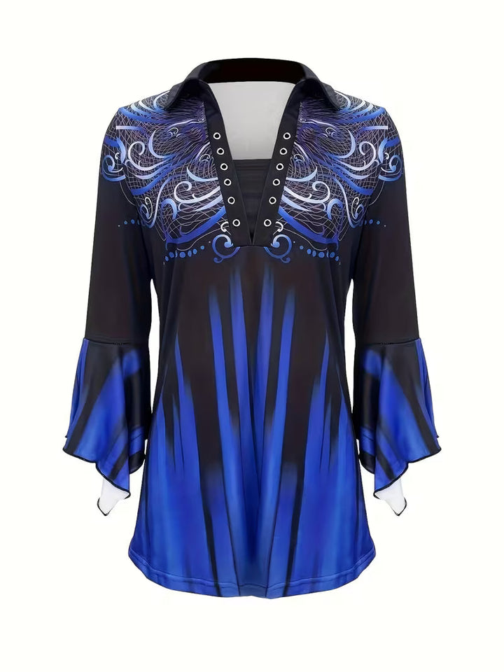 Anerisosa - Printed Lapel Top With Irregular Sleeve