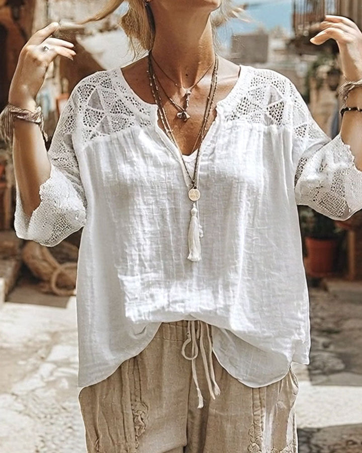 Essien - Lace Sleeve Loose Fit V-Neck Blouse