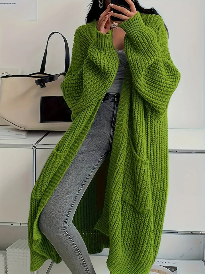 Maveoruna - Cozy Open Front Long Knit Cardigan With Pocket