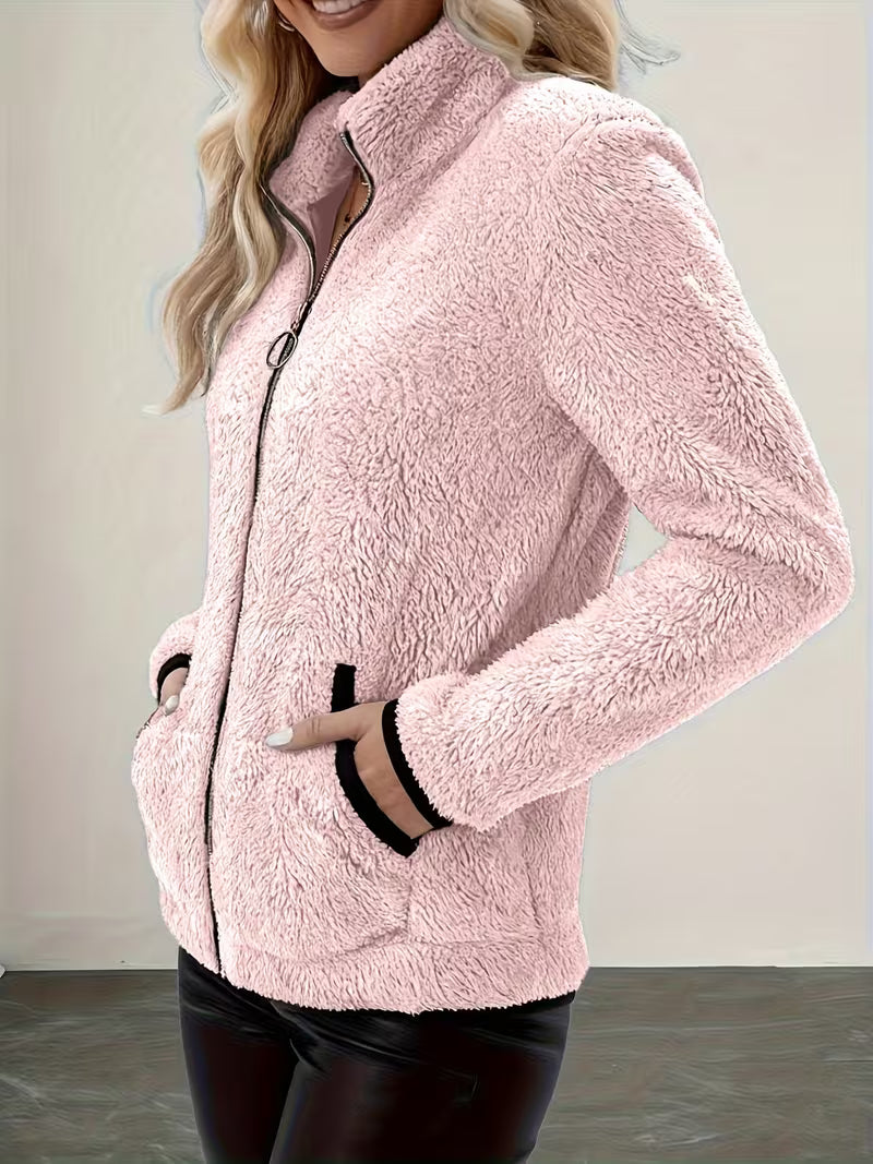 Esmeetta - Fuzzy Long Sleeve Zip-Up Jacket