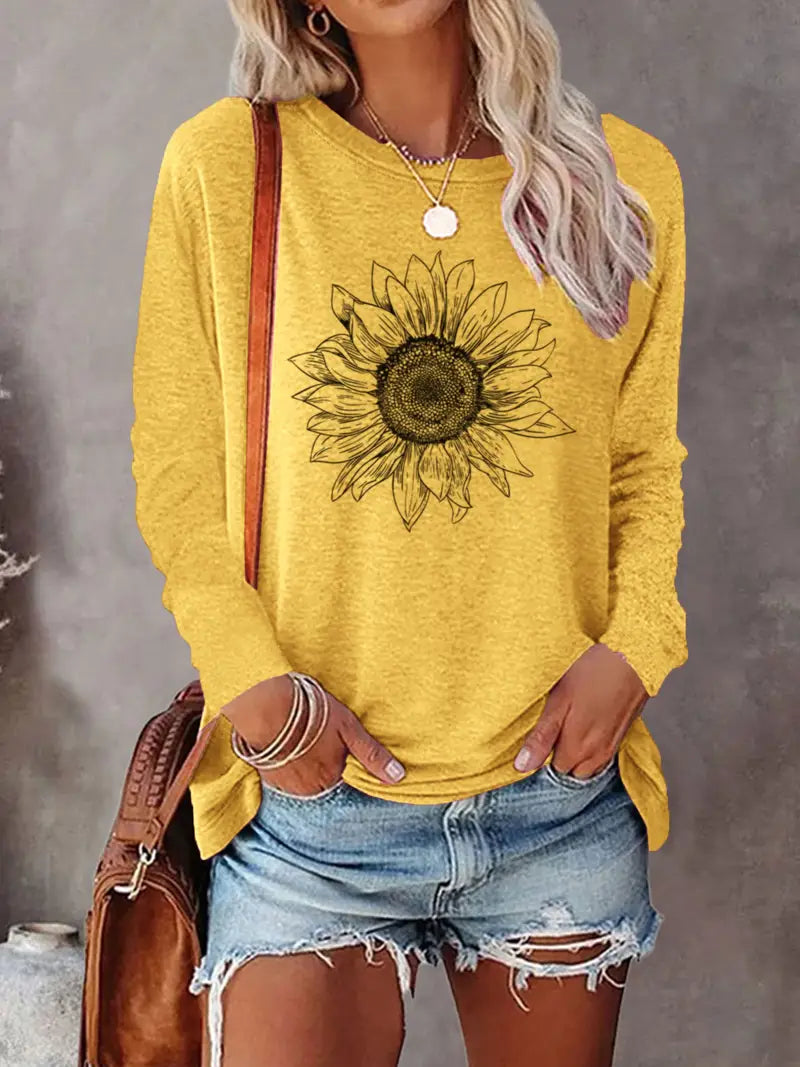 Levine - Elegant Long Sleeve Tunic Top With Sunflower Print