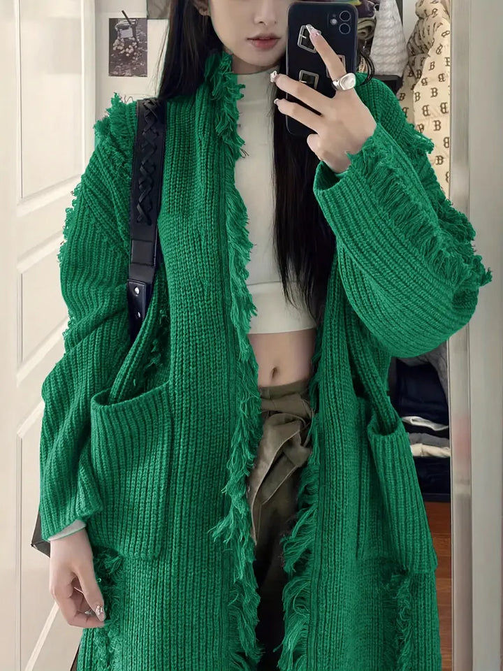 Ramziya - Elegant Long Tassel Cardigan With Pocket