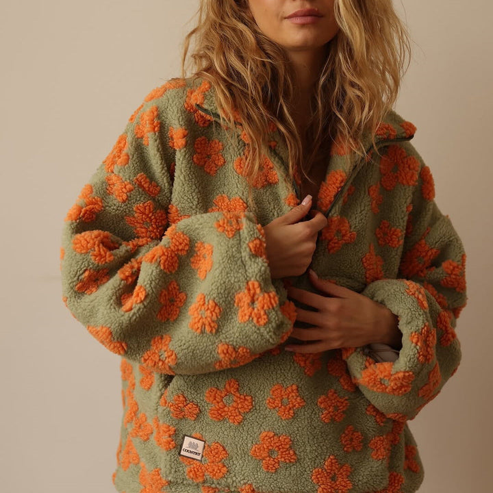 Azelma - Long Sleeve And Floral Print Fleece Sweater