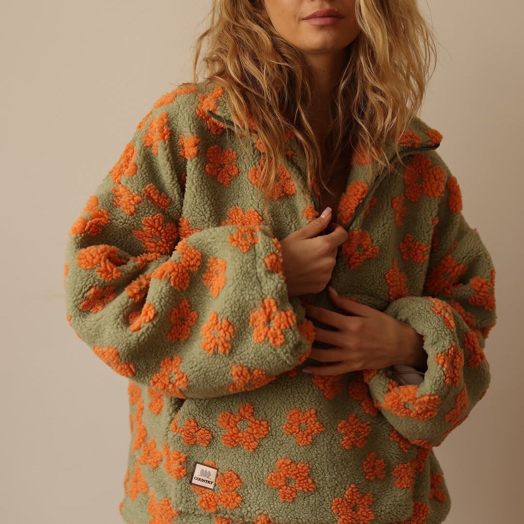 Yzella-  Floral Print Fleece Sweater