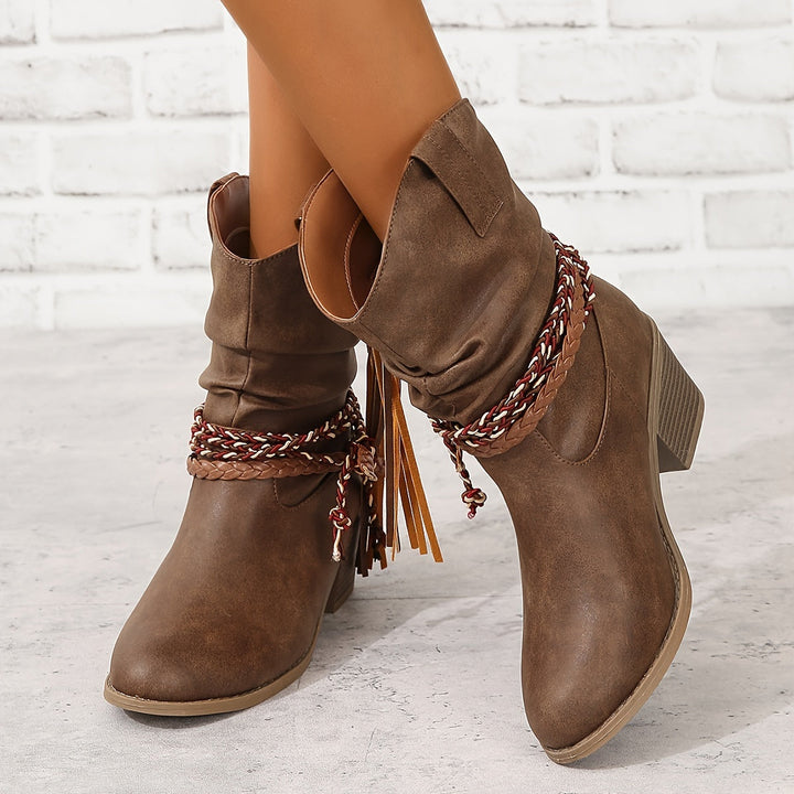 Theoora - Elegant Rope Chunky Heel Boots