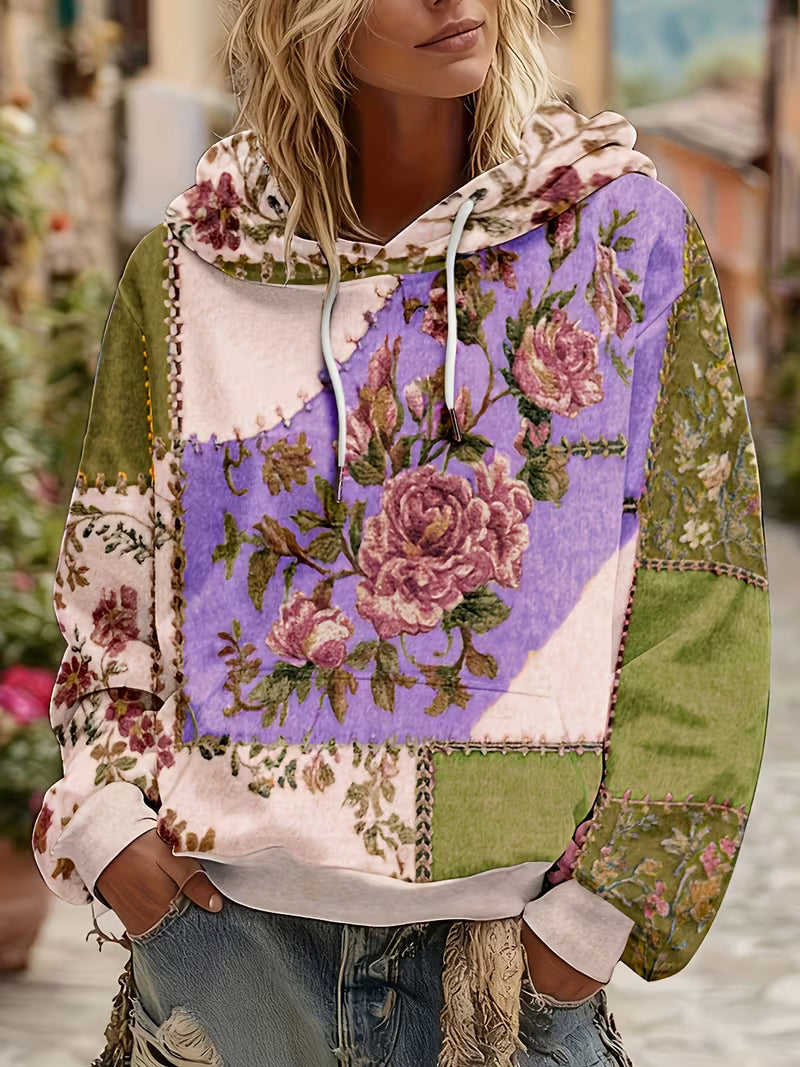 Zaneosica - Floral Patchwork Long Sleeve Hooded Top