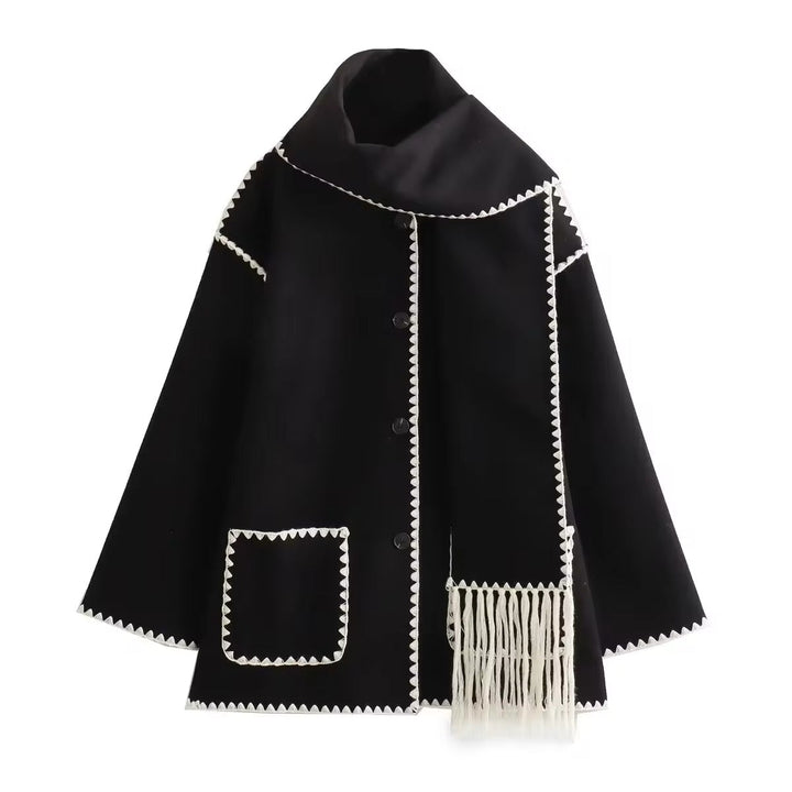 Anelinoria - Embroidered Fringe Coat With Matching Scarf