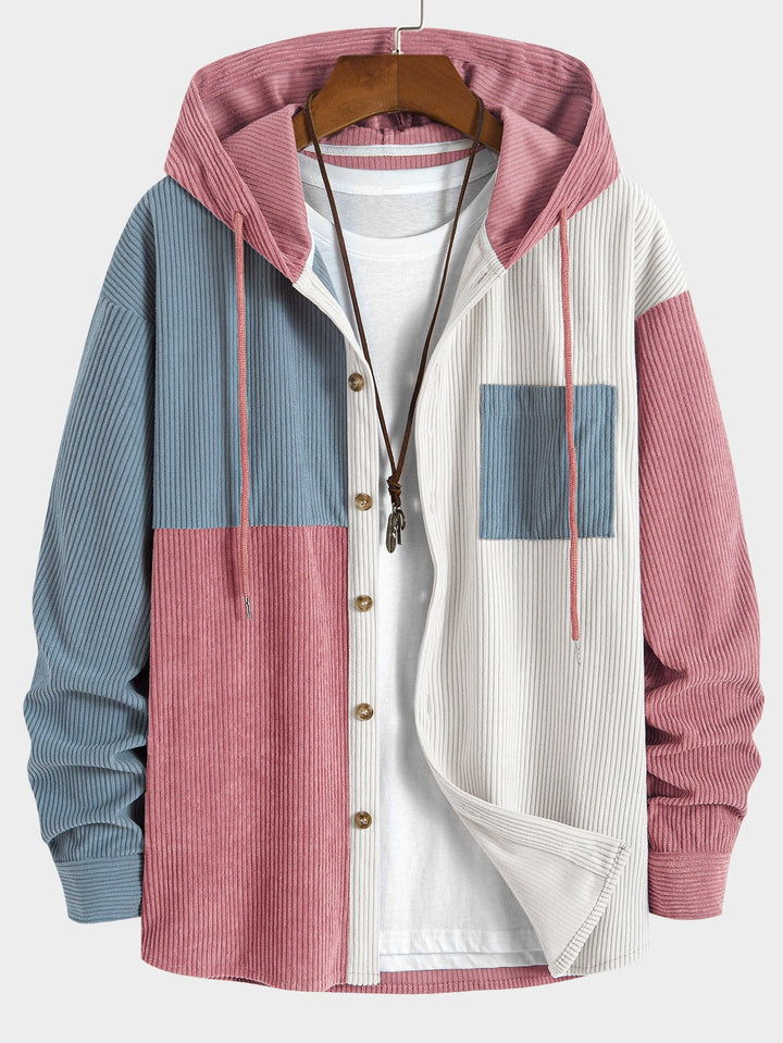 Elonzo - Colorblock Corduroy Hooded Shirt