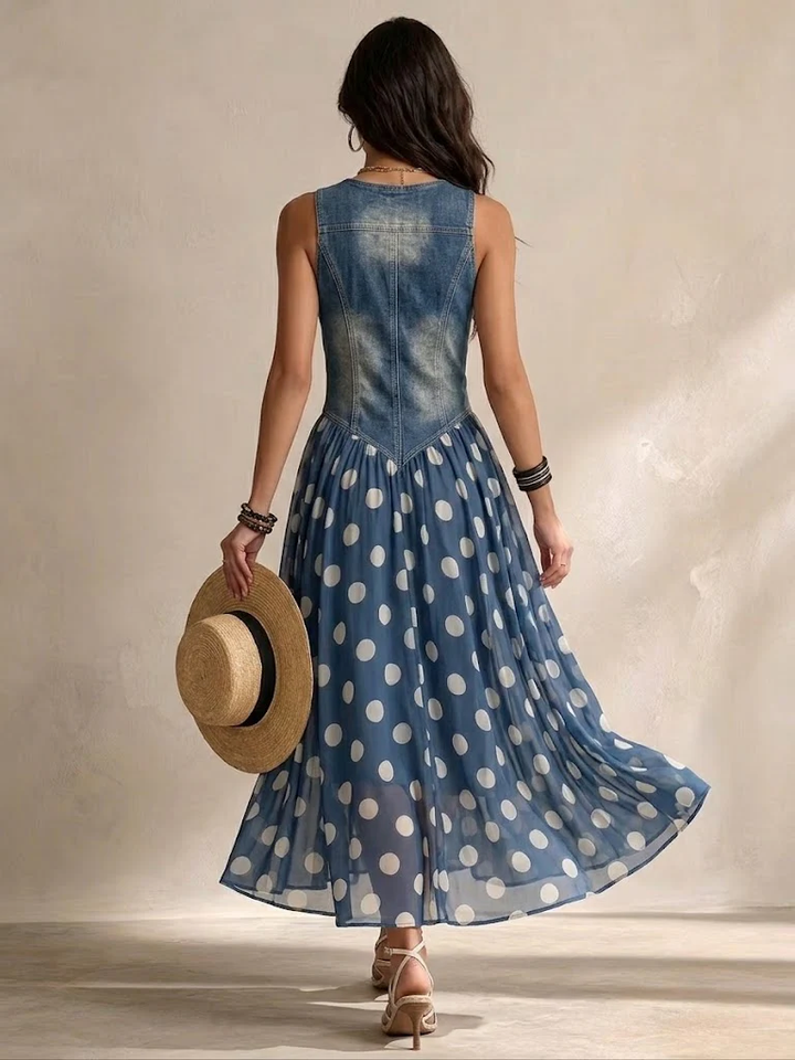 Briisa - Denim Dress With Polka Dot Chiffon Skirt