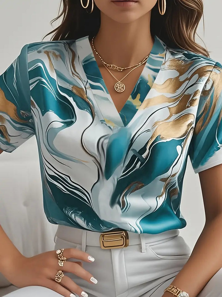 Maroula - Elegant Marble Print Short Sleeve Shirt