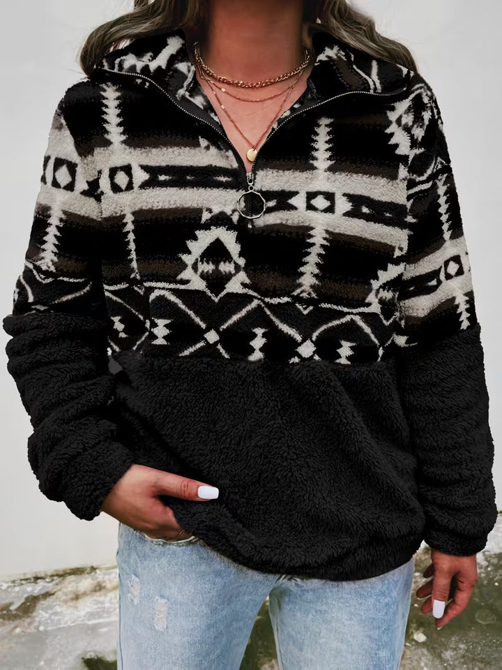 Florira - Geo Pattern Half-Zip Teddy Sweatshirt