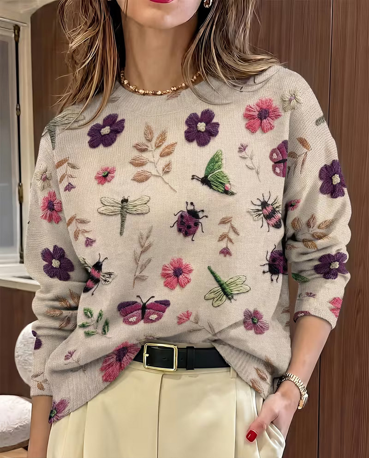 Soleilys - Casual Floral And Insect Print Sweater
