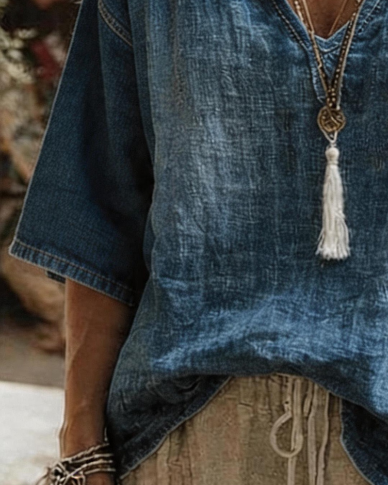 Syleena - V-Neck And Half Sleeve Denim Top