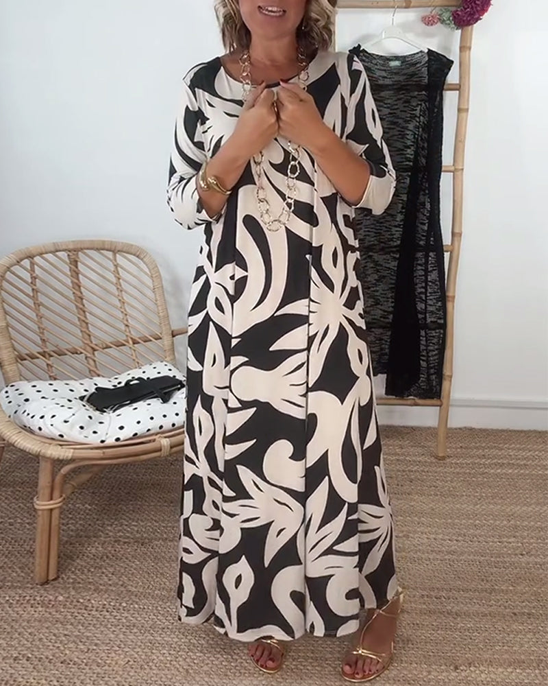 Halina - Round Neck And Long Sleeves With Print Dress