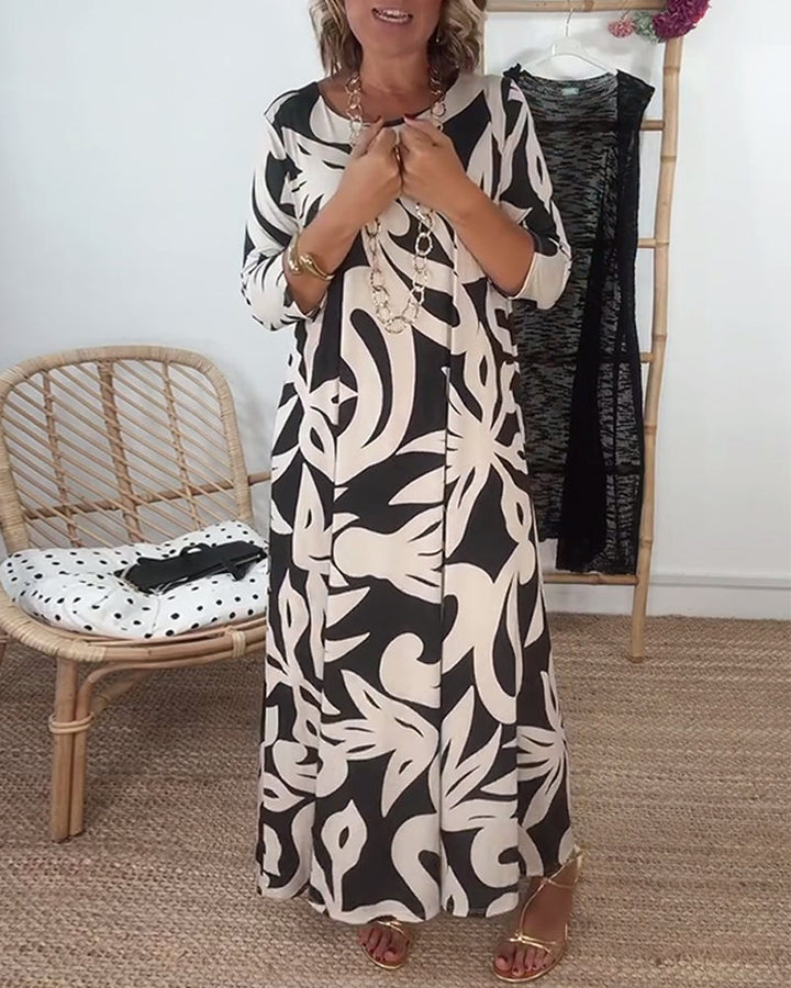 Halina - Round Neck And Long Sleeves With Print Dress