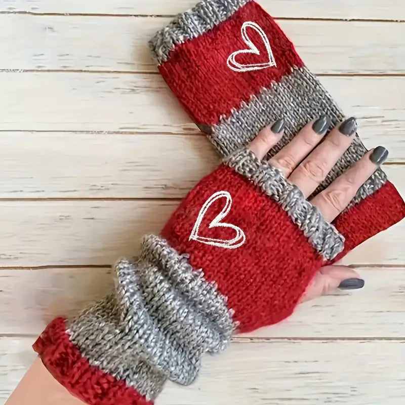 Eirlys - Knitted Fingerless Gloves With Heart Motif