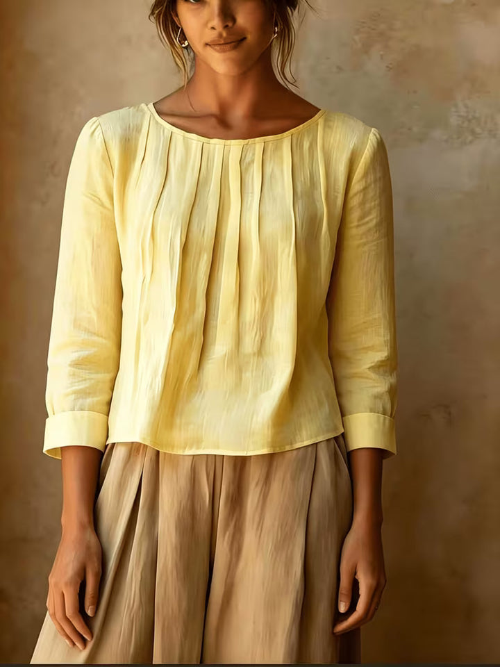 Gelina - Round Neck Blouse With Front Pleats