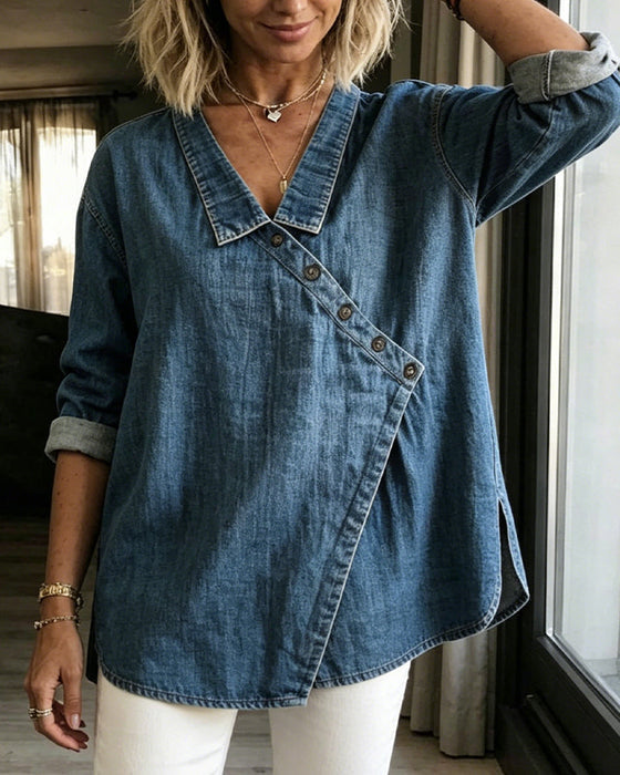 Kalisaisa - Plain Blouse With Diagonal Button Neck