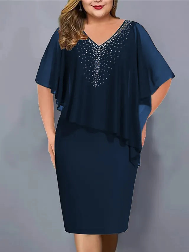 Novelia - Rhinestone-Embellished Chiffon V-Neck Dress