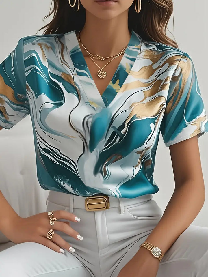 Maroula - Elegant Marble Print Short Sleeve Shirt