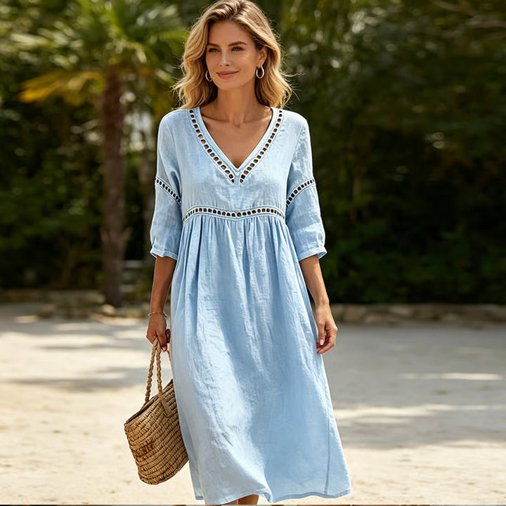 Mikela - Hollow Trim V Neck Midi Dress