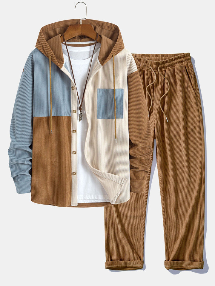 Herk - Corduroy Patchwork Hoodie And Pants Set