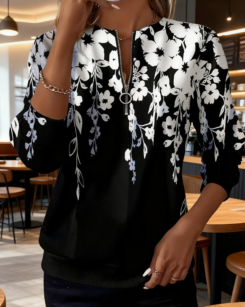 Eliselle - Printed Half-Zip Sweatshirt with Collar
