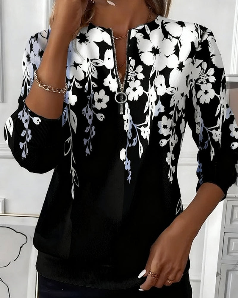 Eliselle - Printed Half-Zip Sweatshirt with Collar
