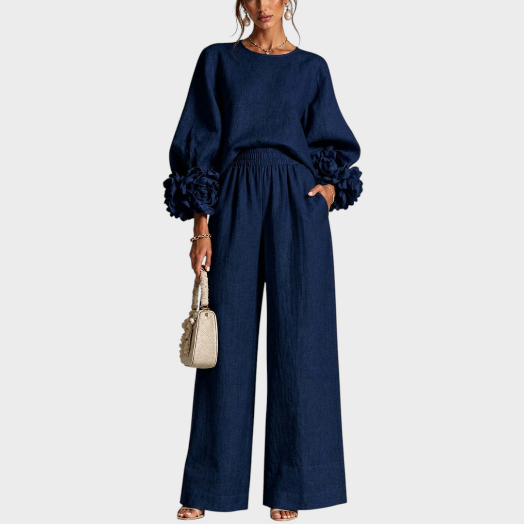 Elisora - Floral Cuff Long Sleeve Wide-Leg Pants Set