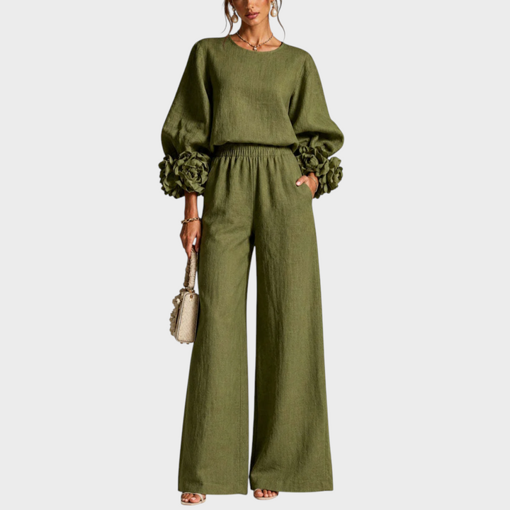 Elisora - Floral Cuff Long Sleeve Wide-Leg Pants Set