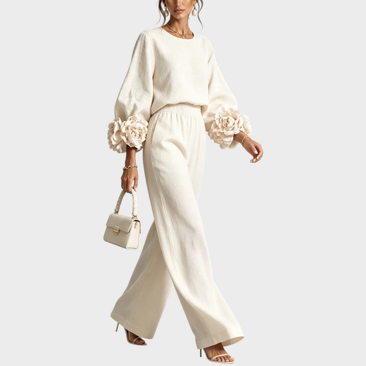 Elisora - Floral Cuff Long Sleeve Wide-Leg Pants Set