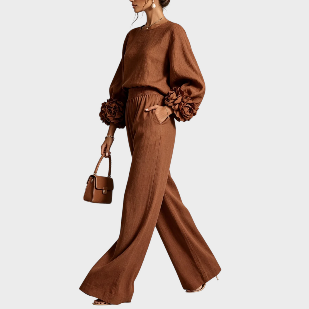 Elisora - Floral Cuff Long Sleeve Wide-Leg Pants Set