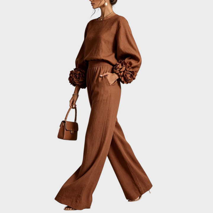 Elisora - Floral Cuff Long Sleeve Wide-Leg Pants Set