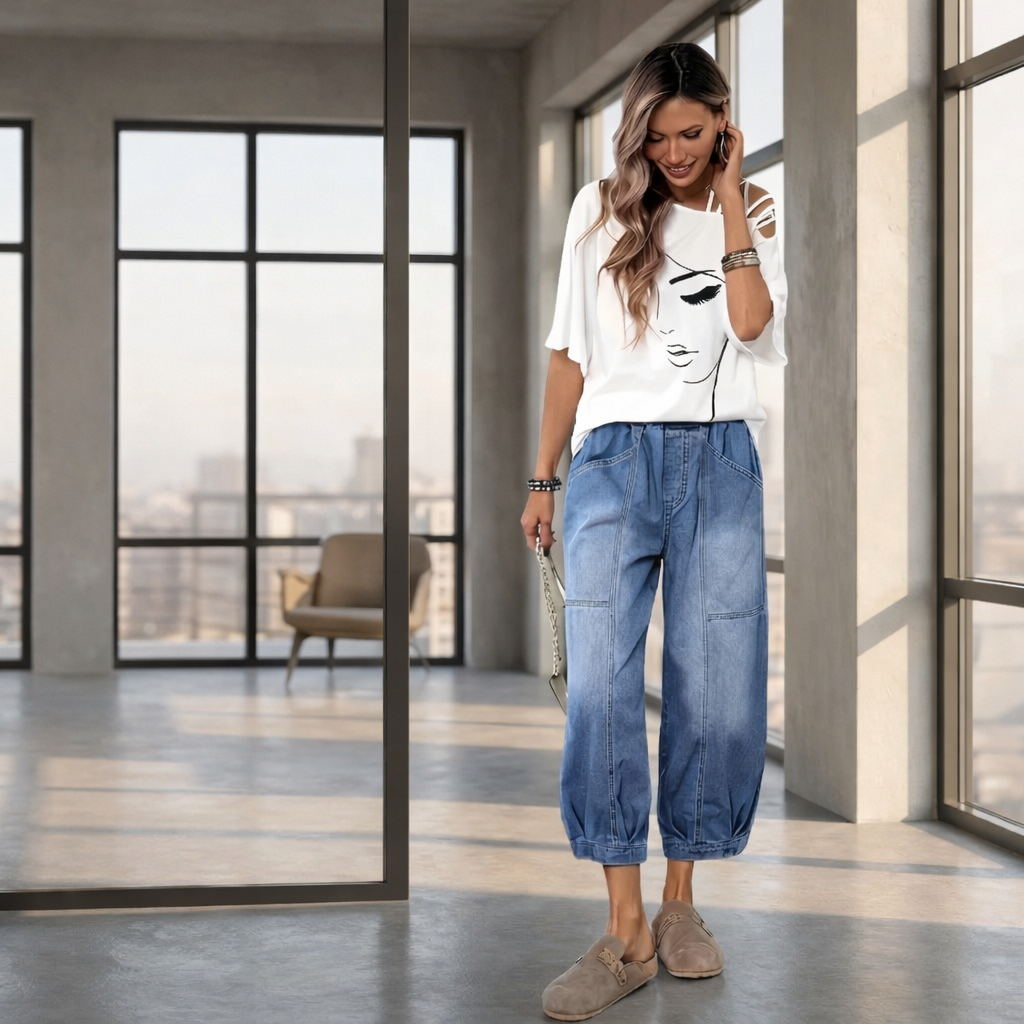 Madavi - Jeans With Elastic Waist And Loose Cropped Cut