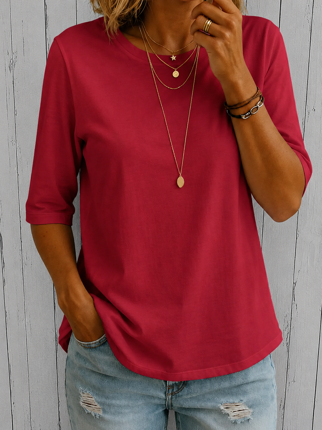 Alivea - Crew Neck Three Quarter Sleeve T-Shirt