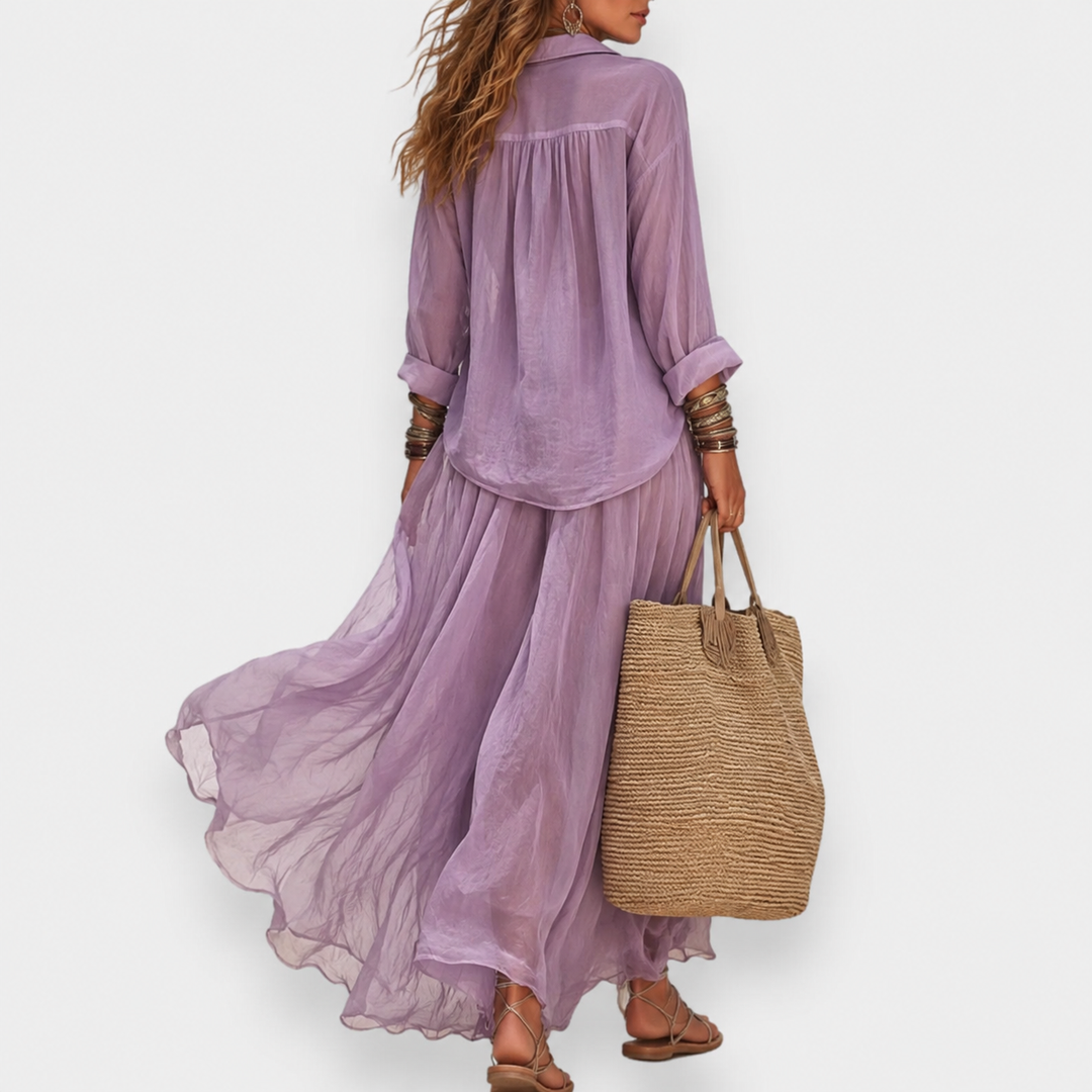 Luena - Shirt And Long Pleated Skirt Set