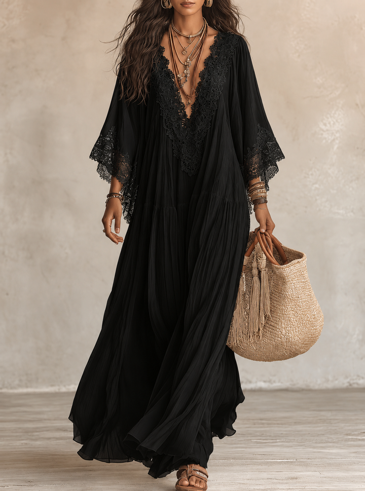 Avelella - Long Ivory Chiffon and Lace Dress