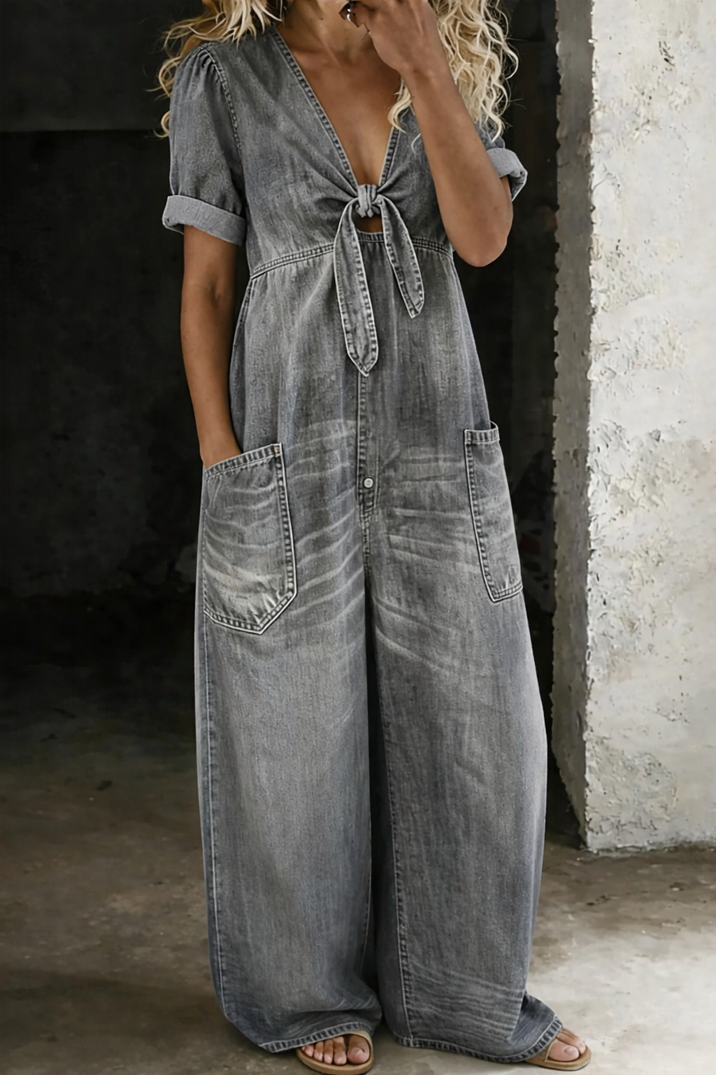 Zeta - V-neck Short Sleeved Jumpsuit