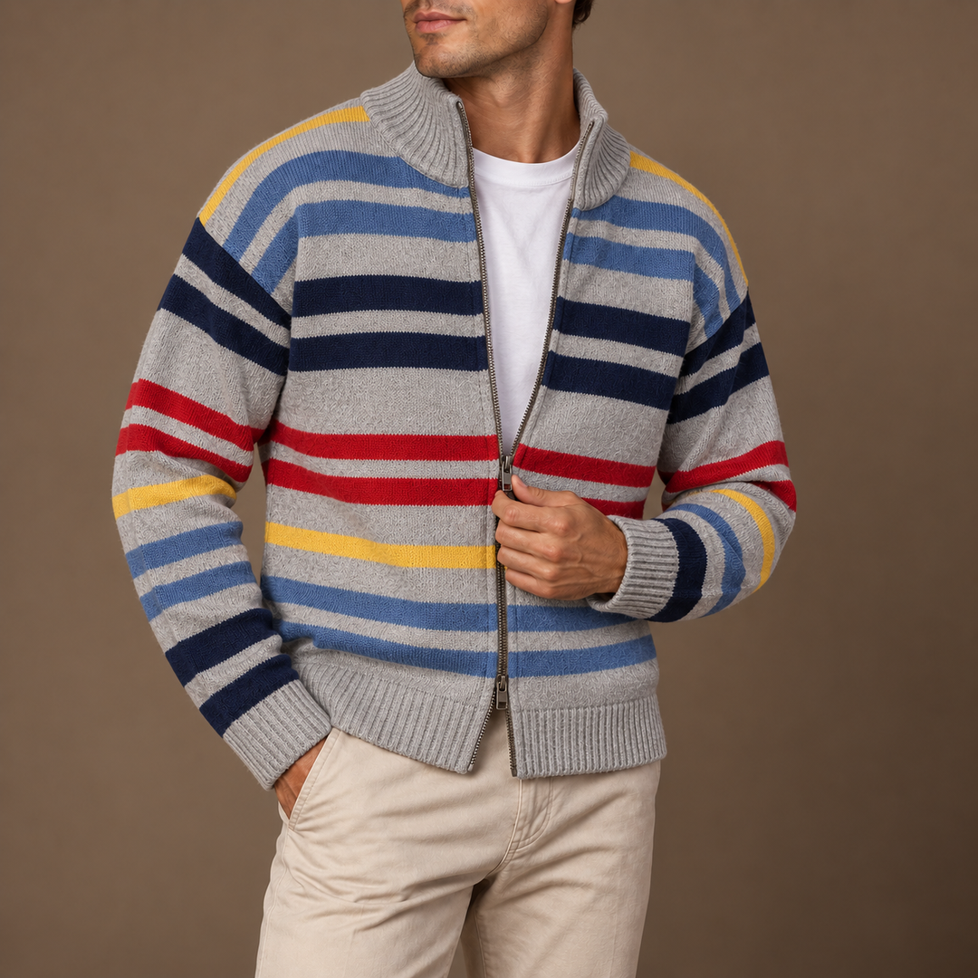 Ingrosuza - Cardigan with Multicolor Stripes and Zip Closure