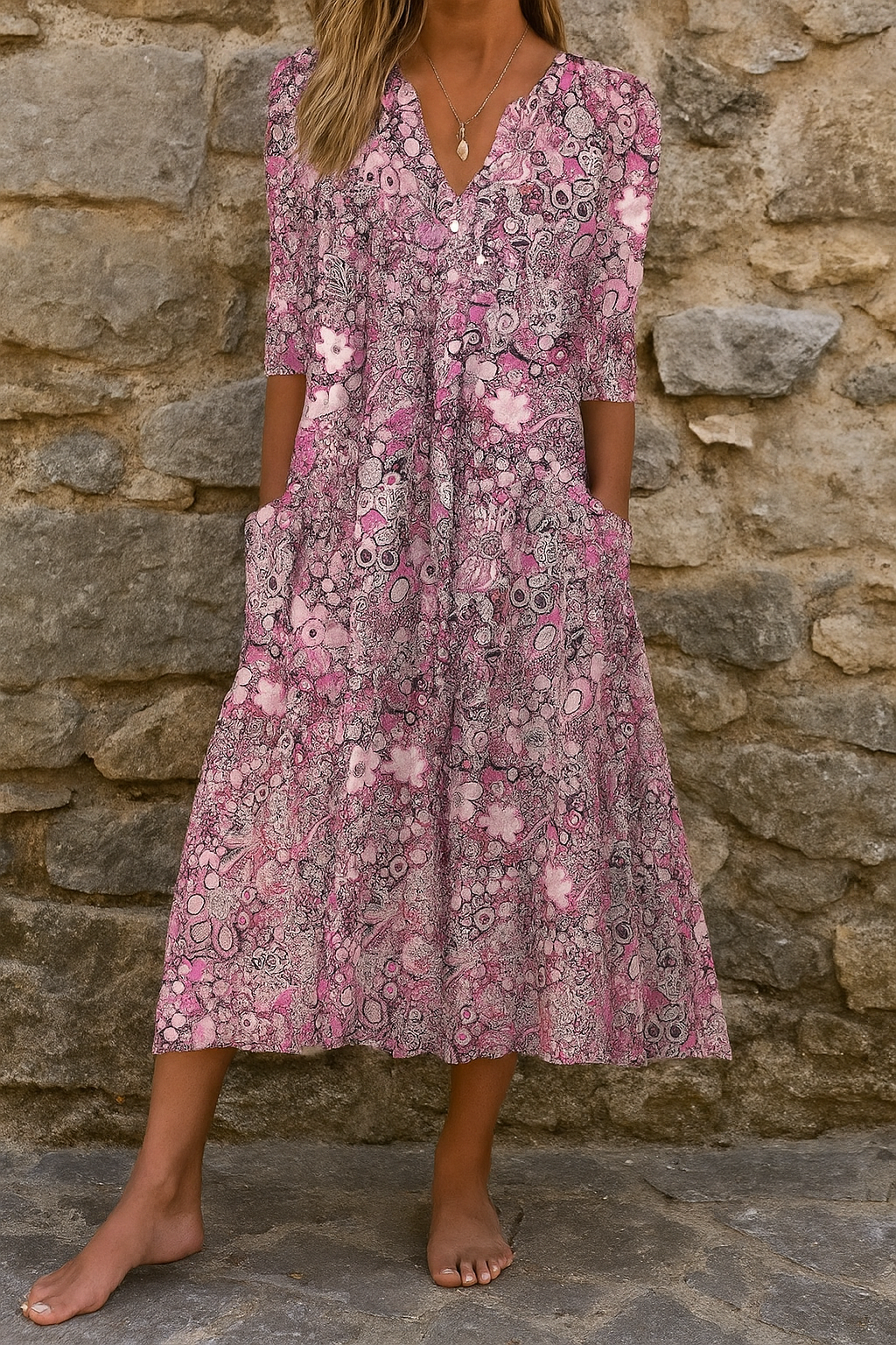 Eliskaa - Elegant Floral Dress With V-Neck